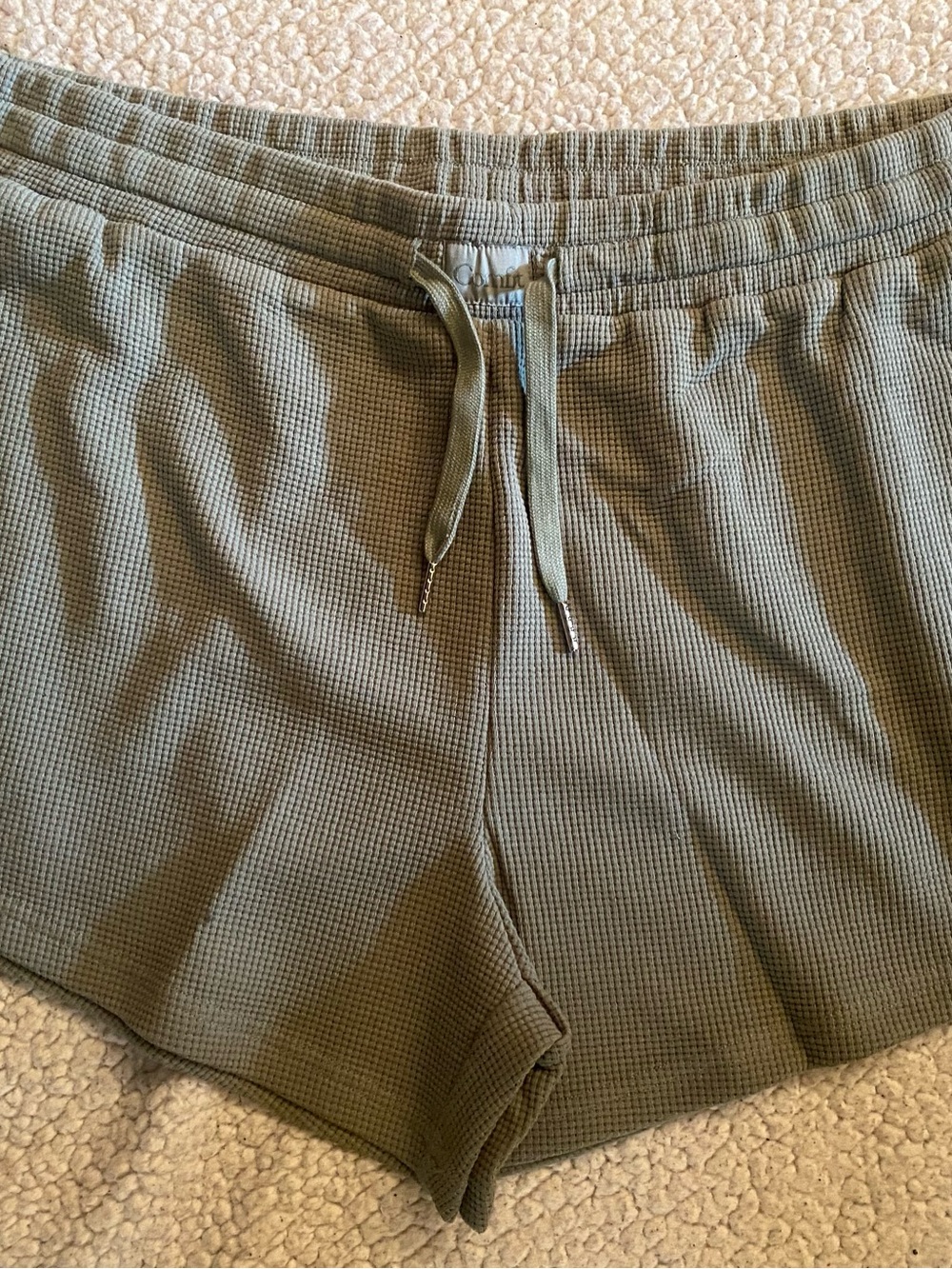 Men's Olive Waffle Knit Athletic Drawstring Shorts